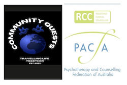 community quest logo, blue globe with 2 doves glying around it, travelling life together