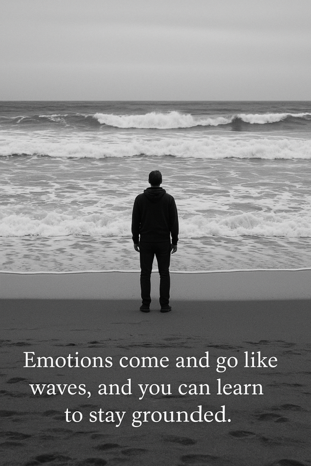 black and white image of person on beach, quote Emotions come and go like waves